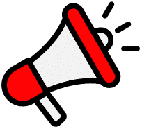 Icon of a red and white megaphone with a black outline.
