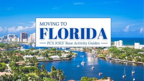 Florida coast with houses, boats, and trees, featuring text 'MOVING TO FLORIDA: PCS JOES' Base Activity Guides'