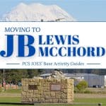"Monument of a soldier at Joint Base Lewis-McChord with scenic mountain and trees in the background