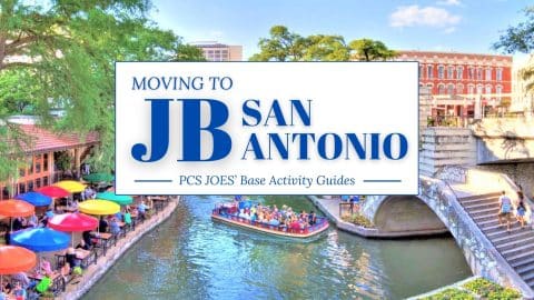 Downtown San Antonio Riverwalk area featuring tourist boats and walkways, overlaid with text 'MOVING TO SAN ANTONIO: A Newcomer's Guide to the Alamo City