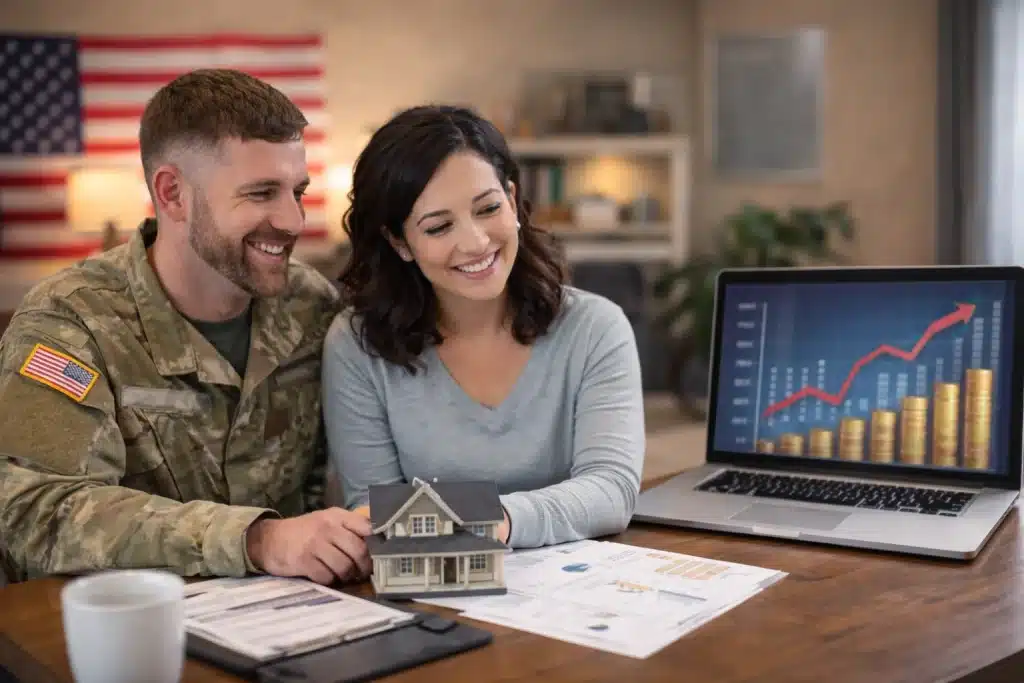 Military couple reviewing finances and investment growth while using the BAH Hack to build long-term wealth