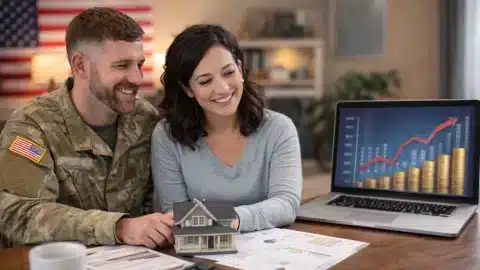 Military couple reviewing finances and investment growth while using the BAH Hack to build long-term wealth