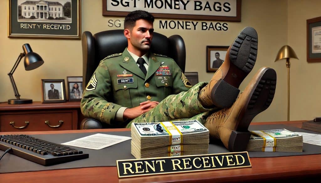 A comically hilarious depiction of a military member in uniform named 'Sgt Money Bags,' lounging with feet up on a desk and a stack of cash labeled 'Rent Received,' symbolizing military housing, BAH hacking, and real estate success.