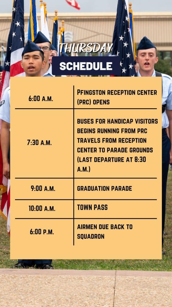 Day 2 Thursday Summer schedule for Lackland BMT graduation, including the Graduation Parade and Town Pass.
