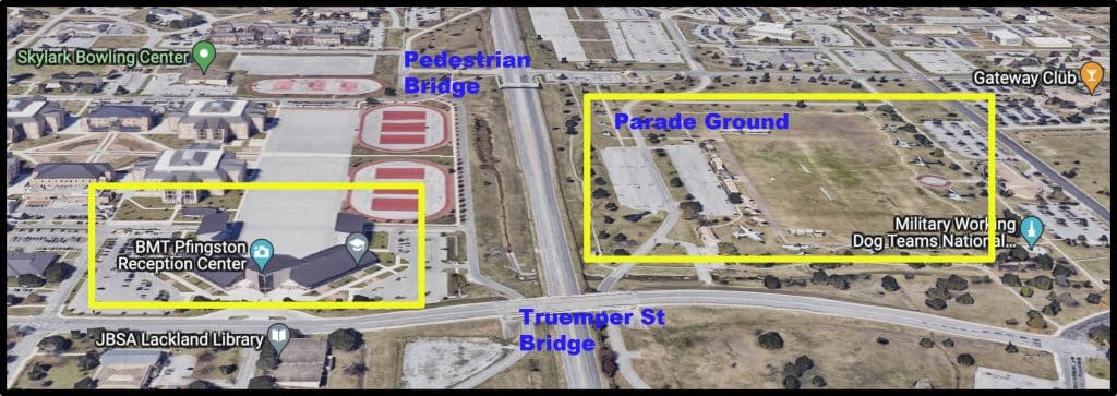 Map showing Lackland BMT parking areas around the Parade Grounds and Pfingston Reception Center for USAF BMT graduation visitors.