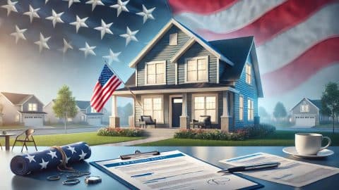 VA Home Loan – A modern suburban home with an American flag on the porch, symbolizing homeownership through the VA loan program.