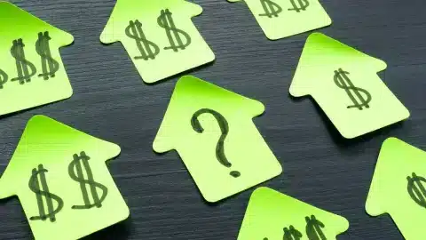 Green house cutouts with dollar signs and a question mark, symbolizing housing investment and financial decisions