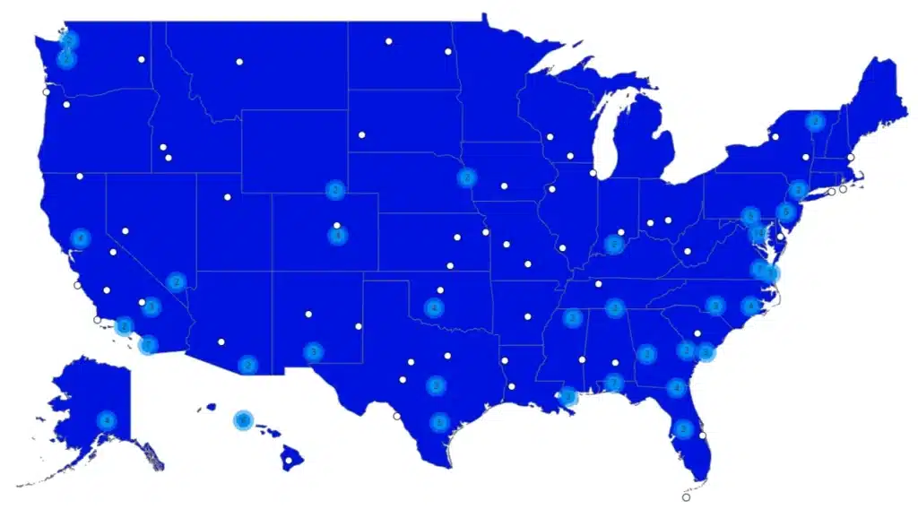 Static image of our Interactive U.S. military base map showing locations supported by PCS JOES military Realtors