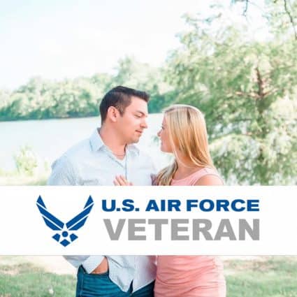 Bryant Mateus, Texas VA Loan Lender and U.S. Air Force veteran, standing outdoors with his spouse.