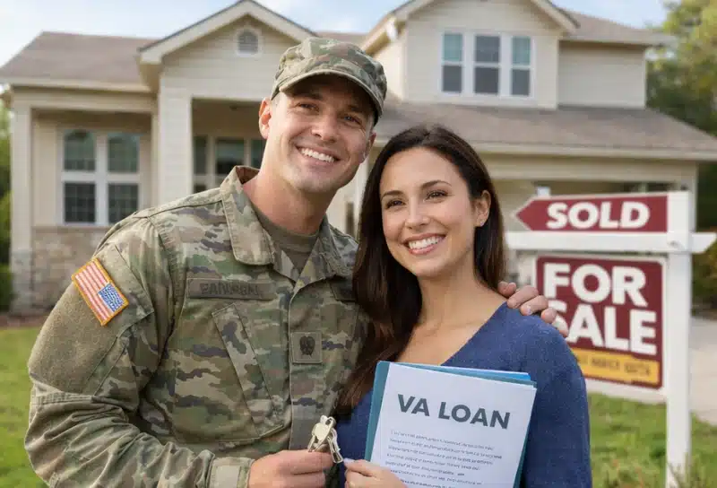 Military family standing in front of their new home after VA loan home purchase near base