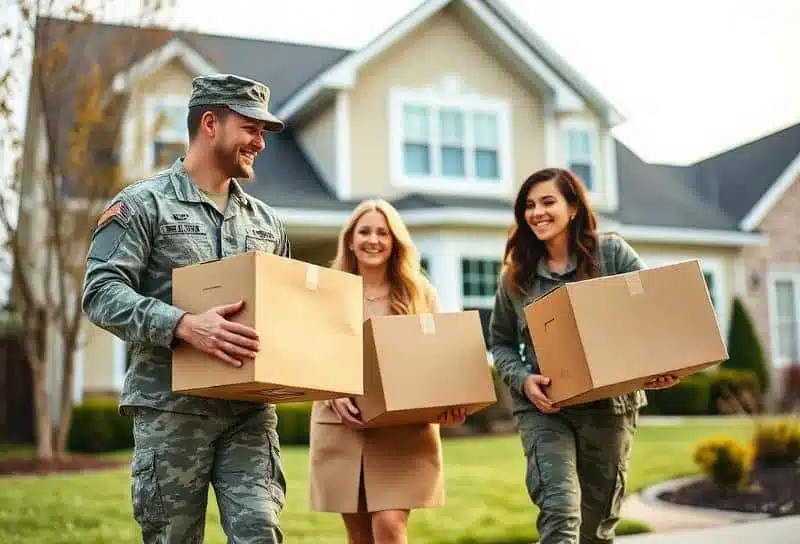 Military family carrying moving boxes during a PCS relocation to a new duty station