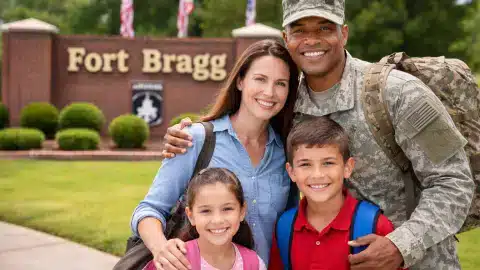 Military family PCS to Fort Bragg standing near the base entrance
