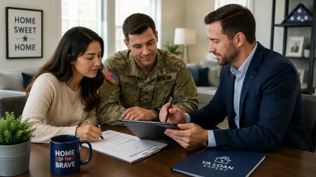 Military family meeting with a VA loan expert to review homebuying options and VA home loan benefits