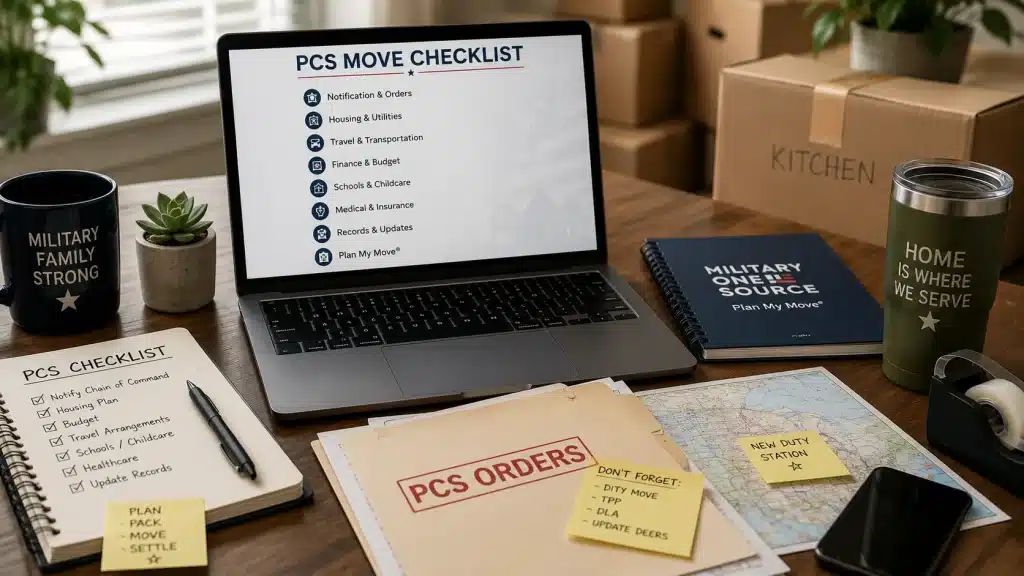 Military PCS move checklist workspace with relocation planning tools, PCS orders, and moving preparation resources