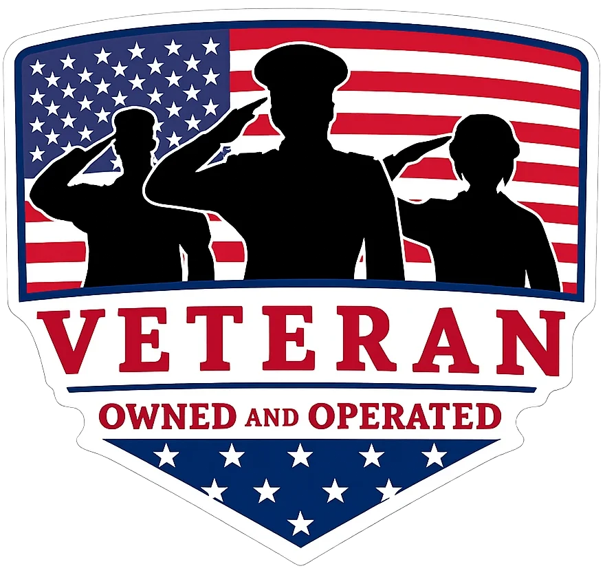 Veteran owned and operated military business badge with saluting service members and American flag design
