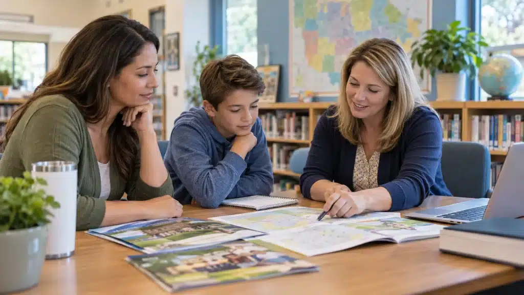 Military parent and child meeting with a school counselor to compare school boundaries and programs before a PCS